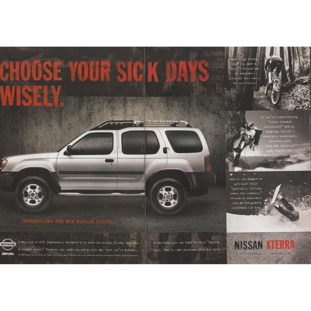 Vintage 1999 Nissan Xterra SUV Print Ad Off Road Camping Adventure Garage Decor